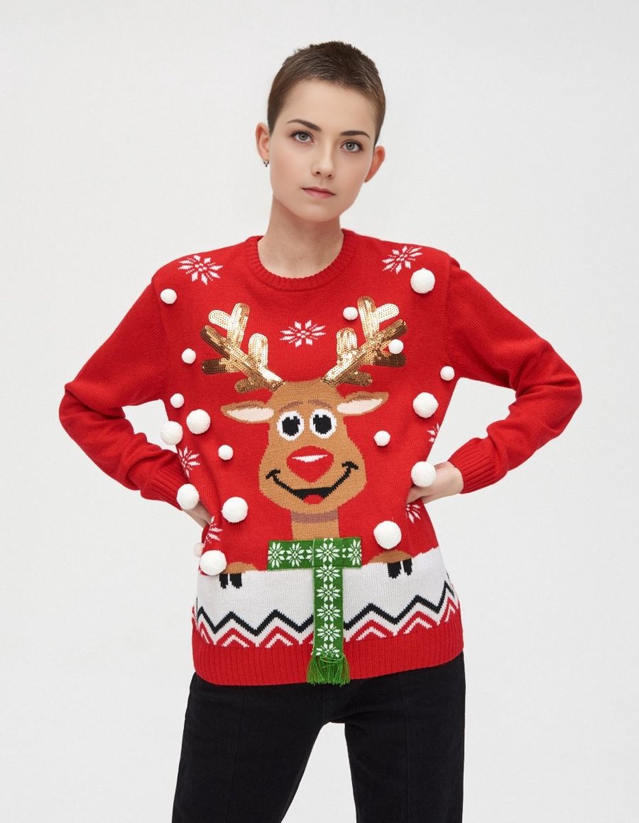 Foute Kersttrui Dames / Ugly Christmas Sweater Women | Rudolph Rendier | Rood | Maat L